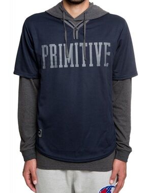 Primitive Navy Hoodie with Gray Sleeves and Chest Logo